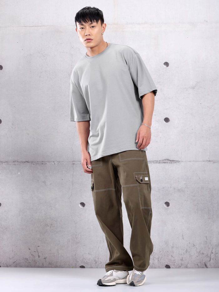 Light Grey Plain Oversized T-shirt for Men
