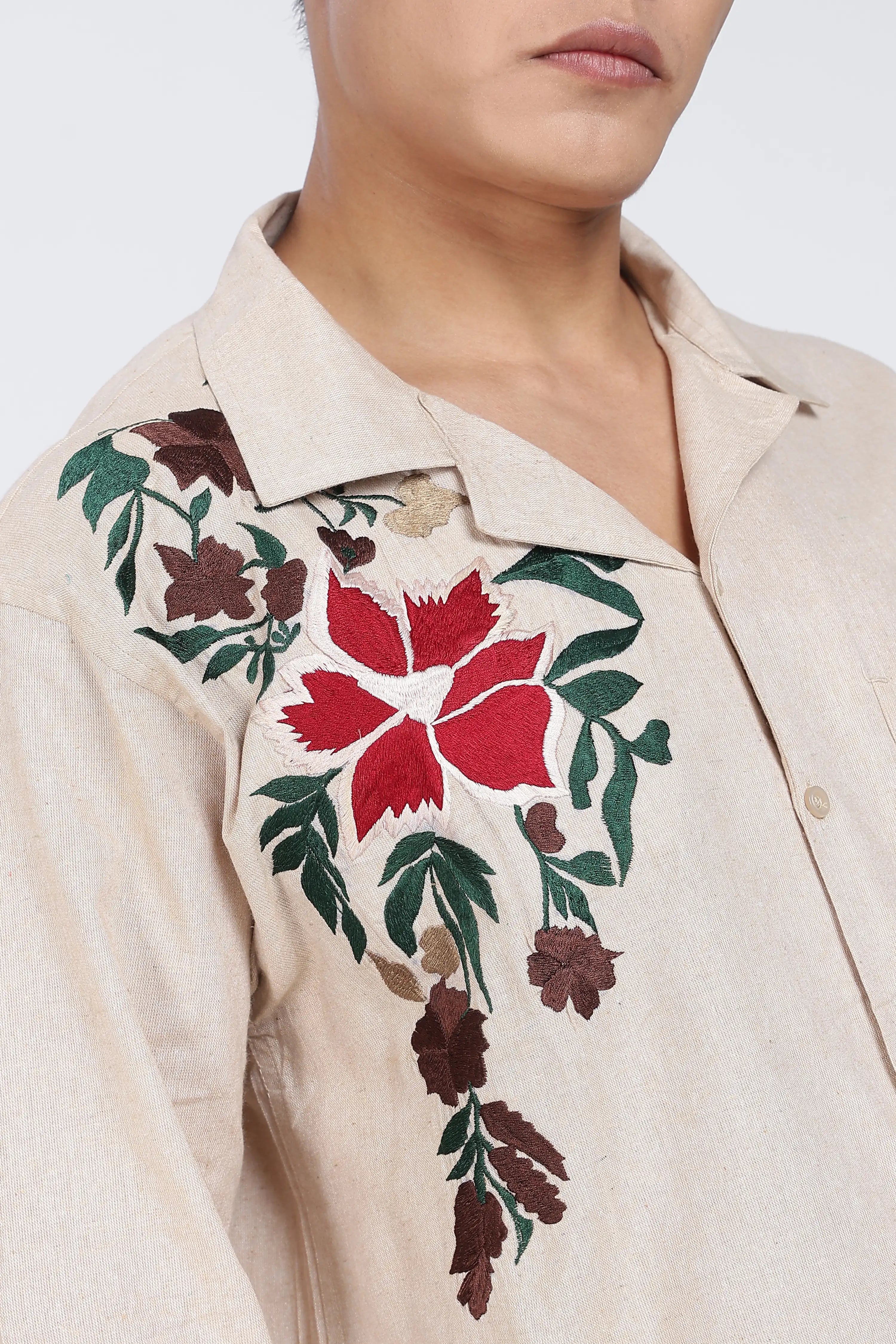 Linen Shirt – Rose Embroidery