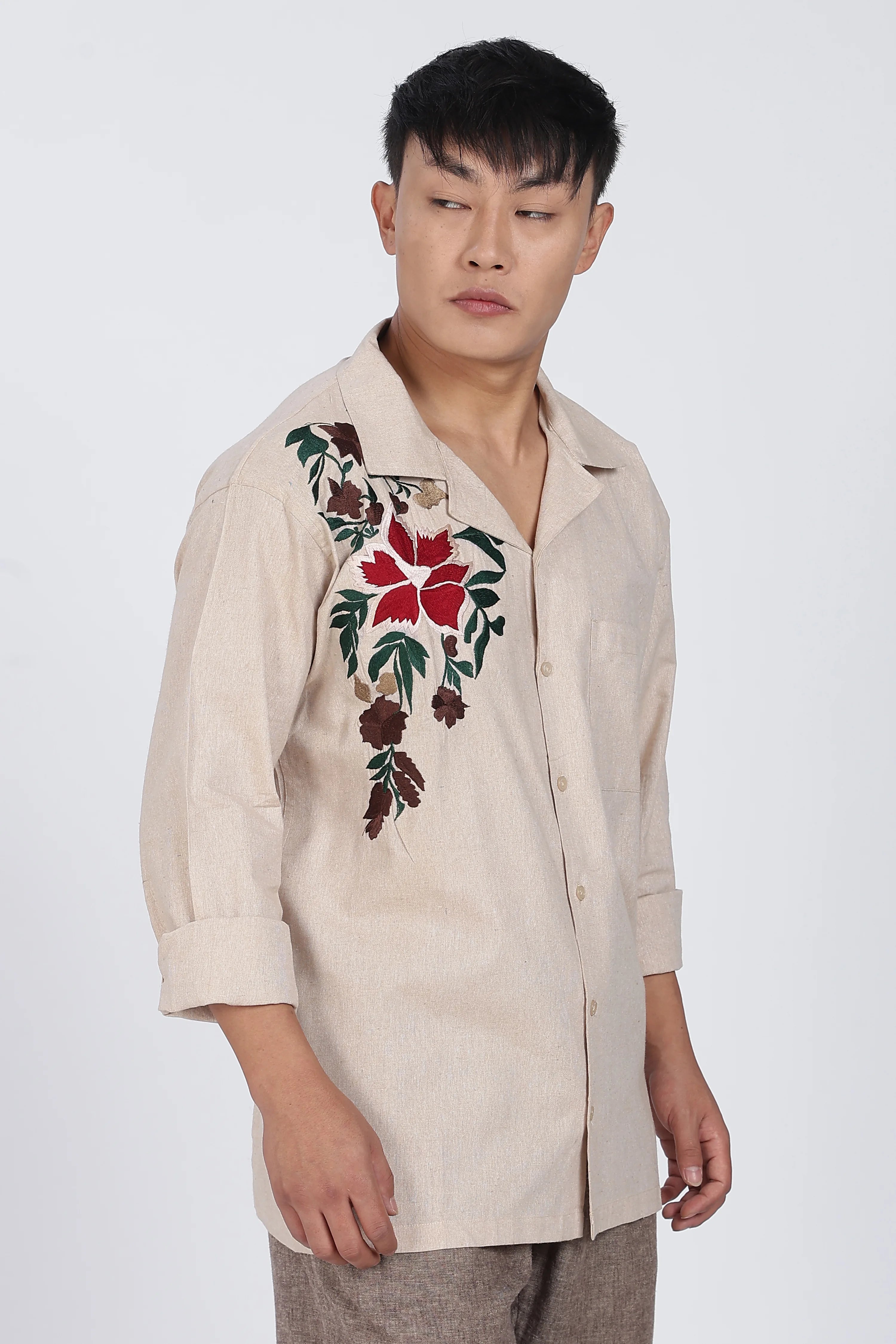 Linen Shirt – Rose Embroidery