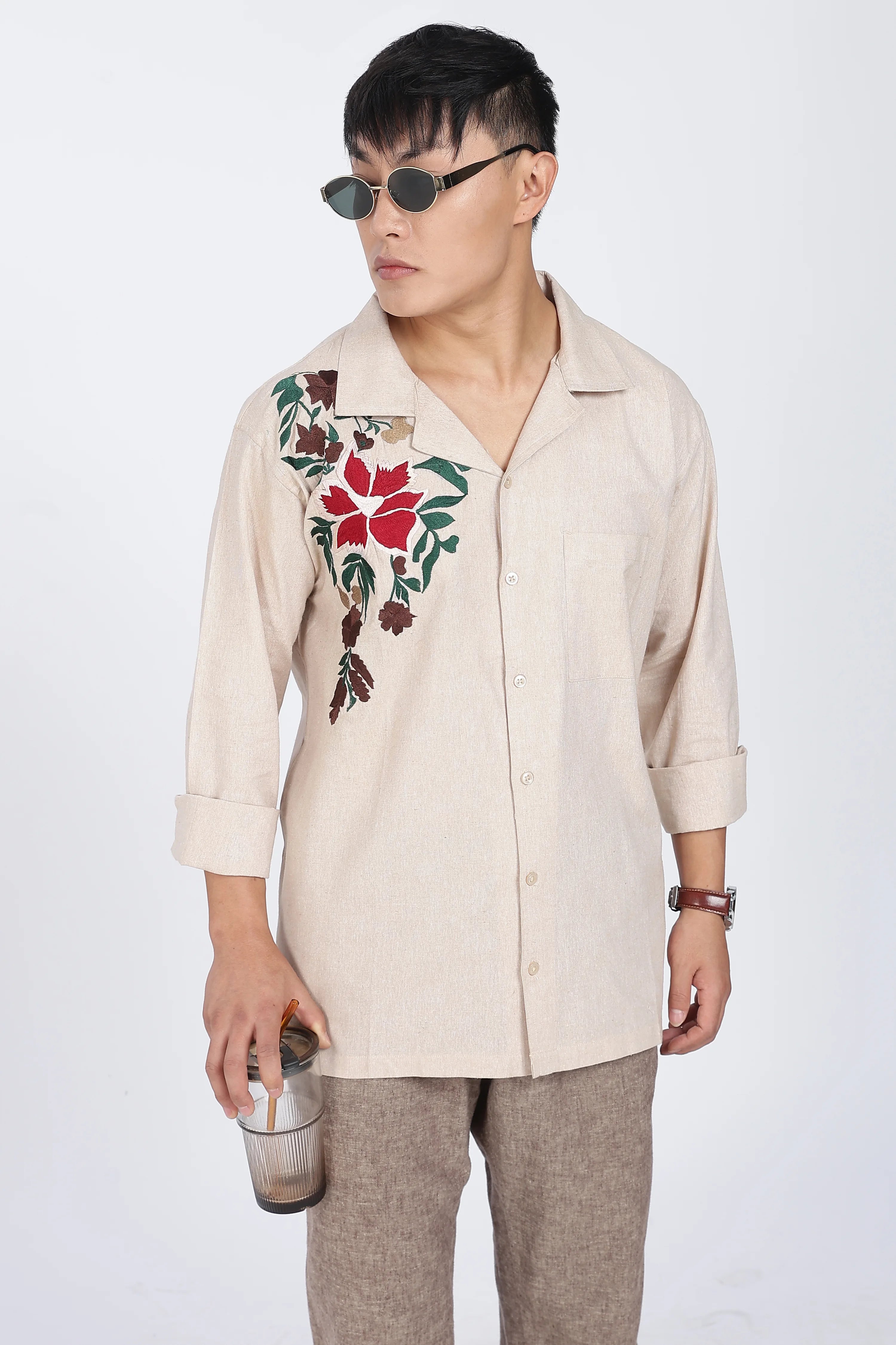 Linen Shirt – Rose Embroidery