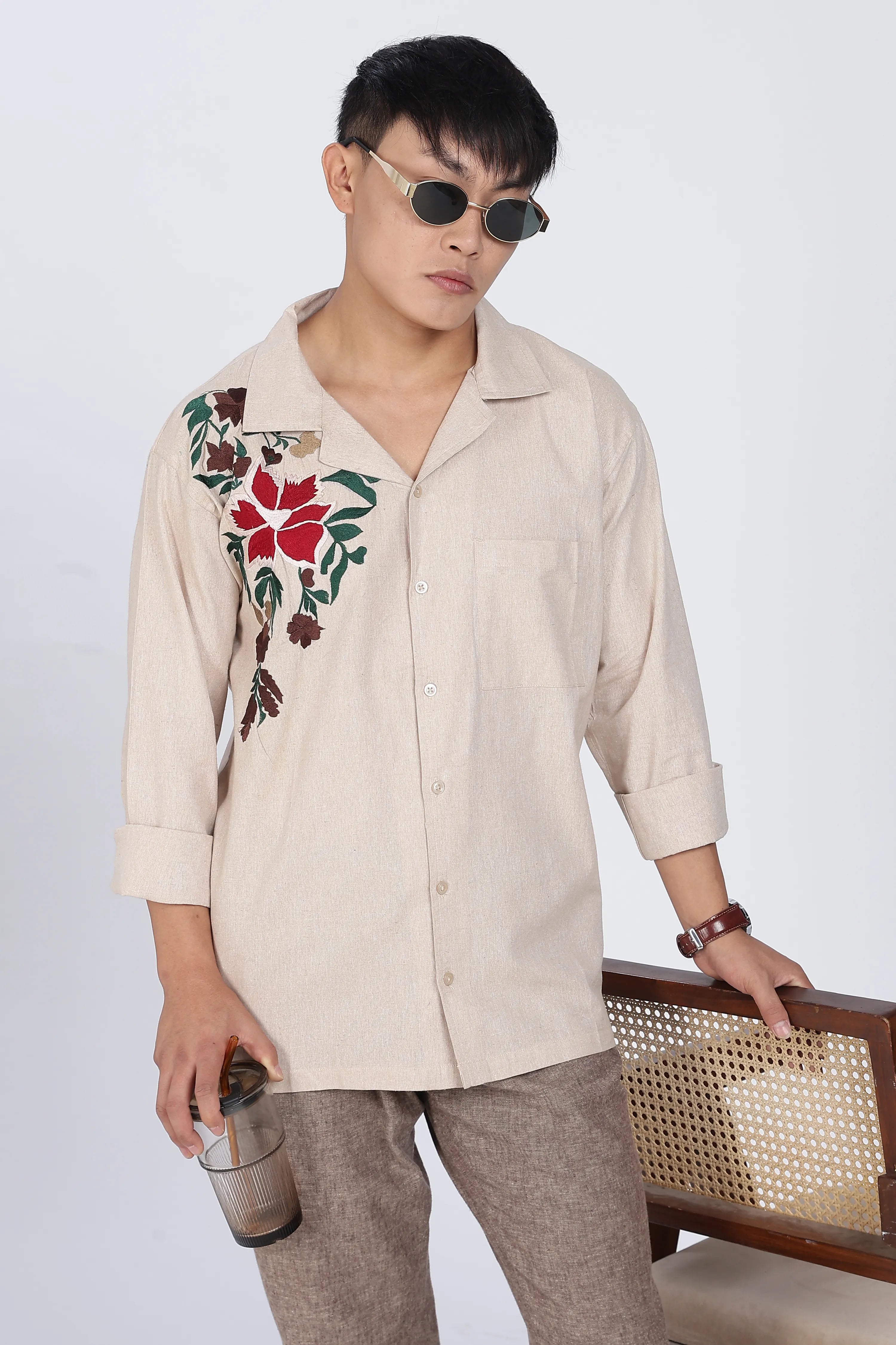 Linen Shirt – Rose Embroidery