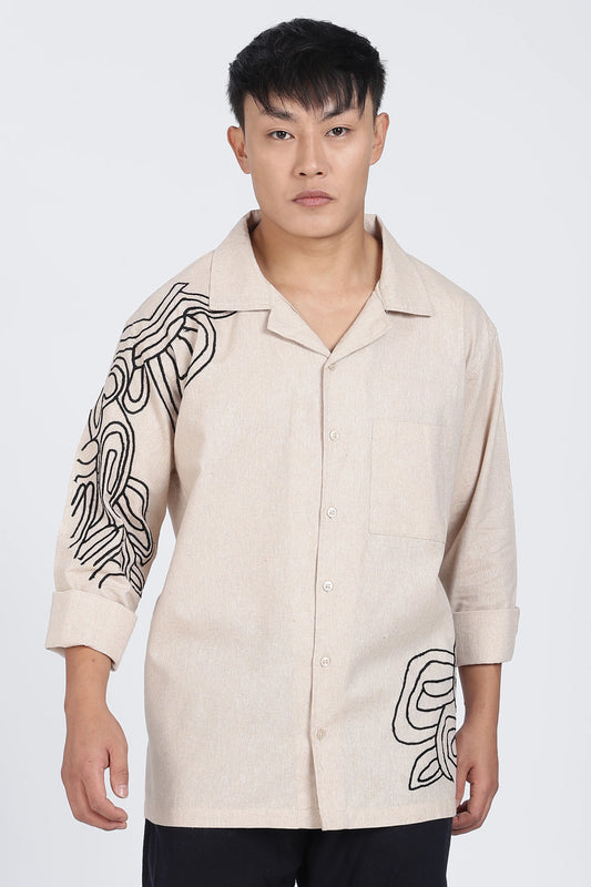 Beige Embroidered Summer cotton Linen Shirt