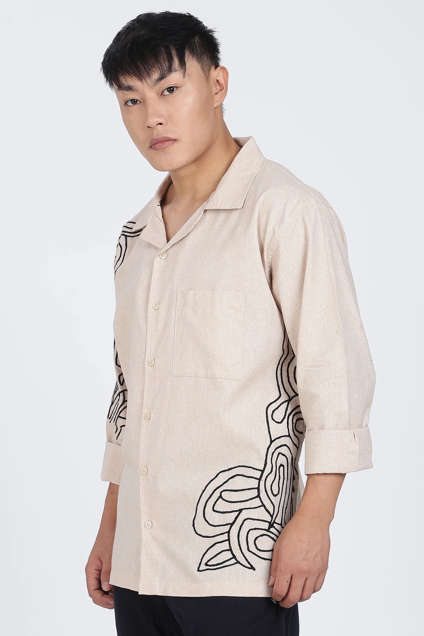 Beige Embroidered Summer cotton Linen Shirt