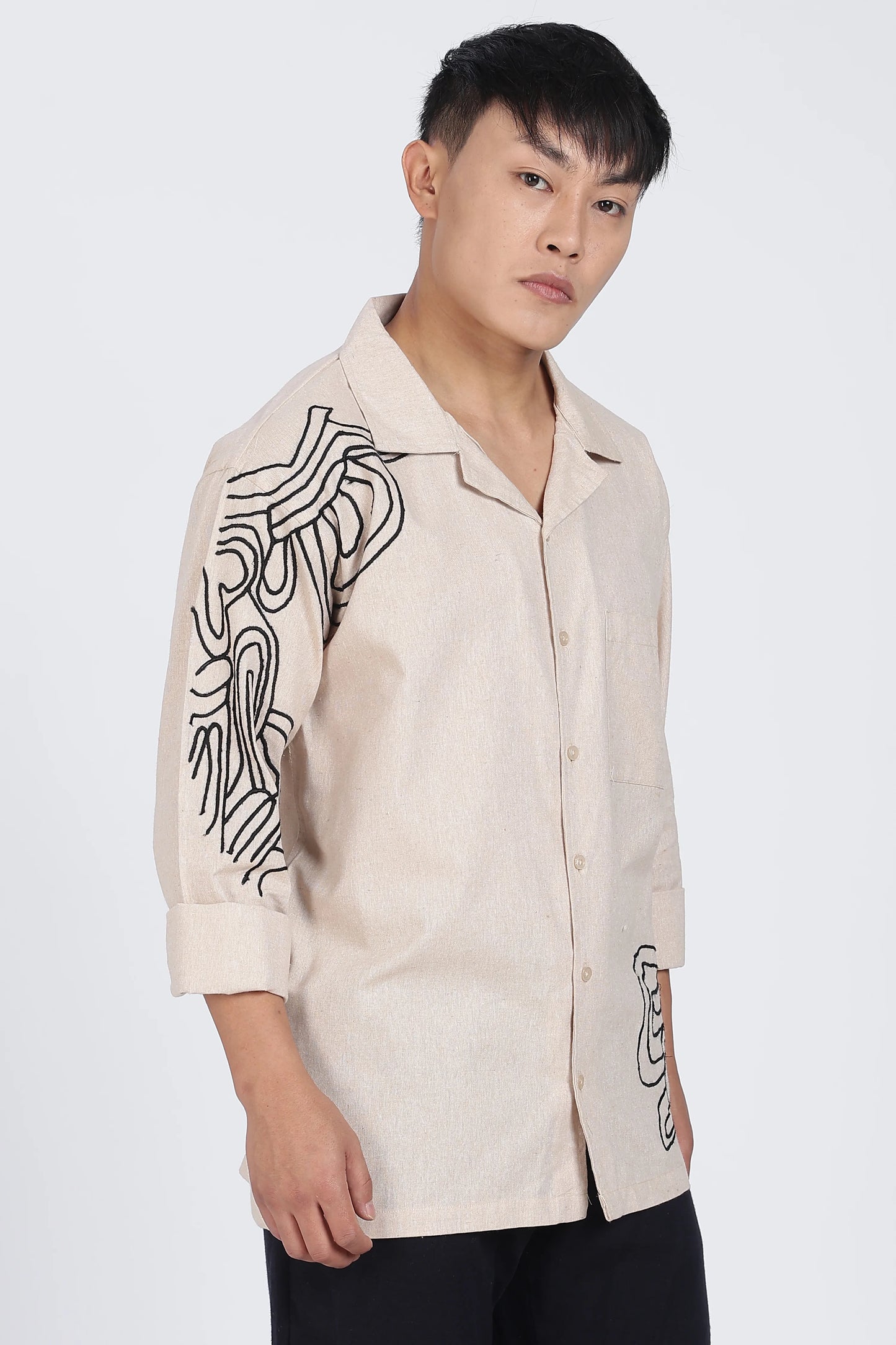 Beige Embroidered Summer cotton Linen Shirt
