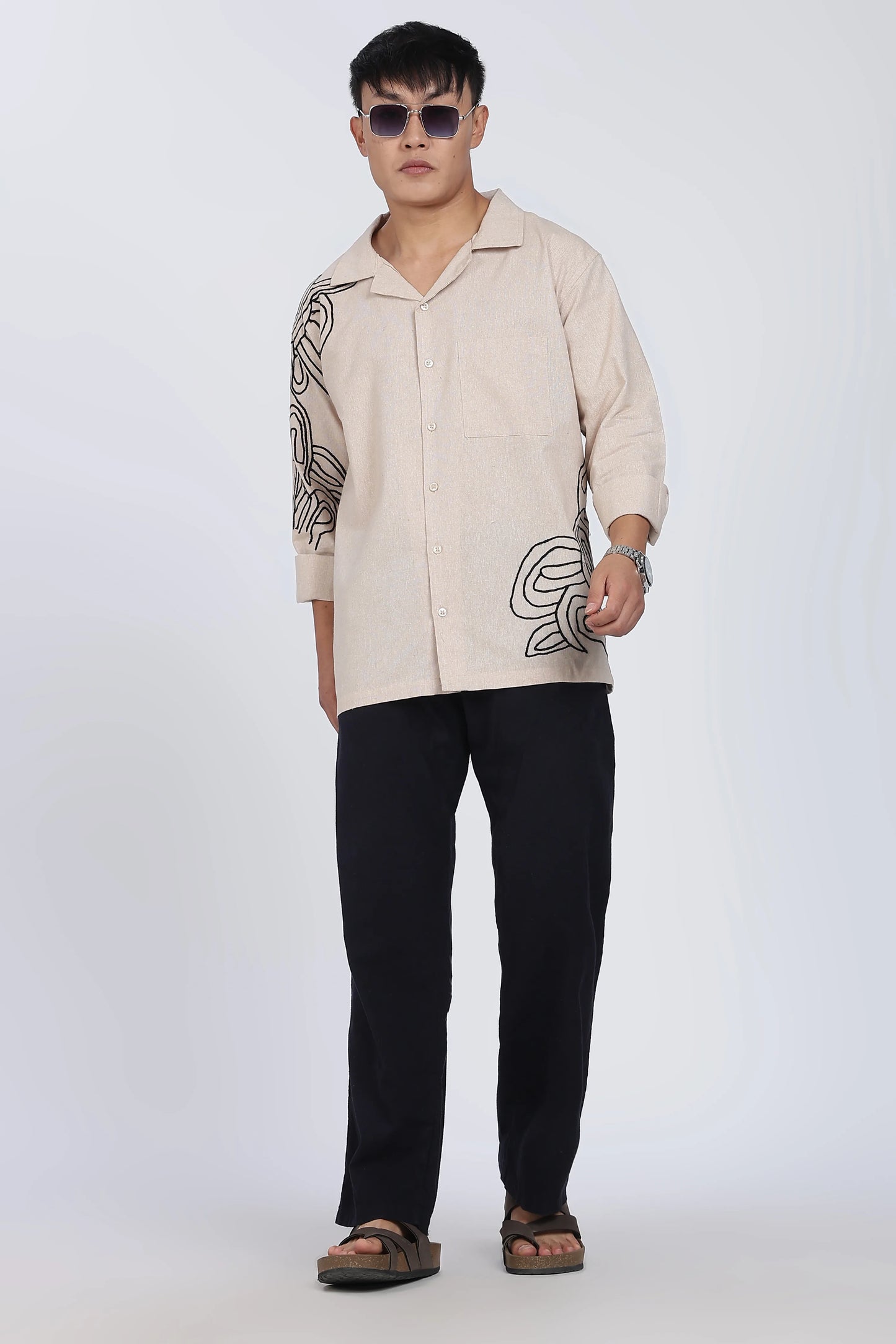 Beige Embroidered Summer cotton Linen Shirt