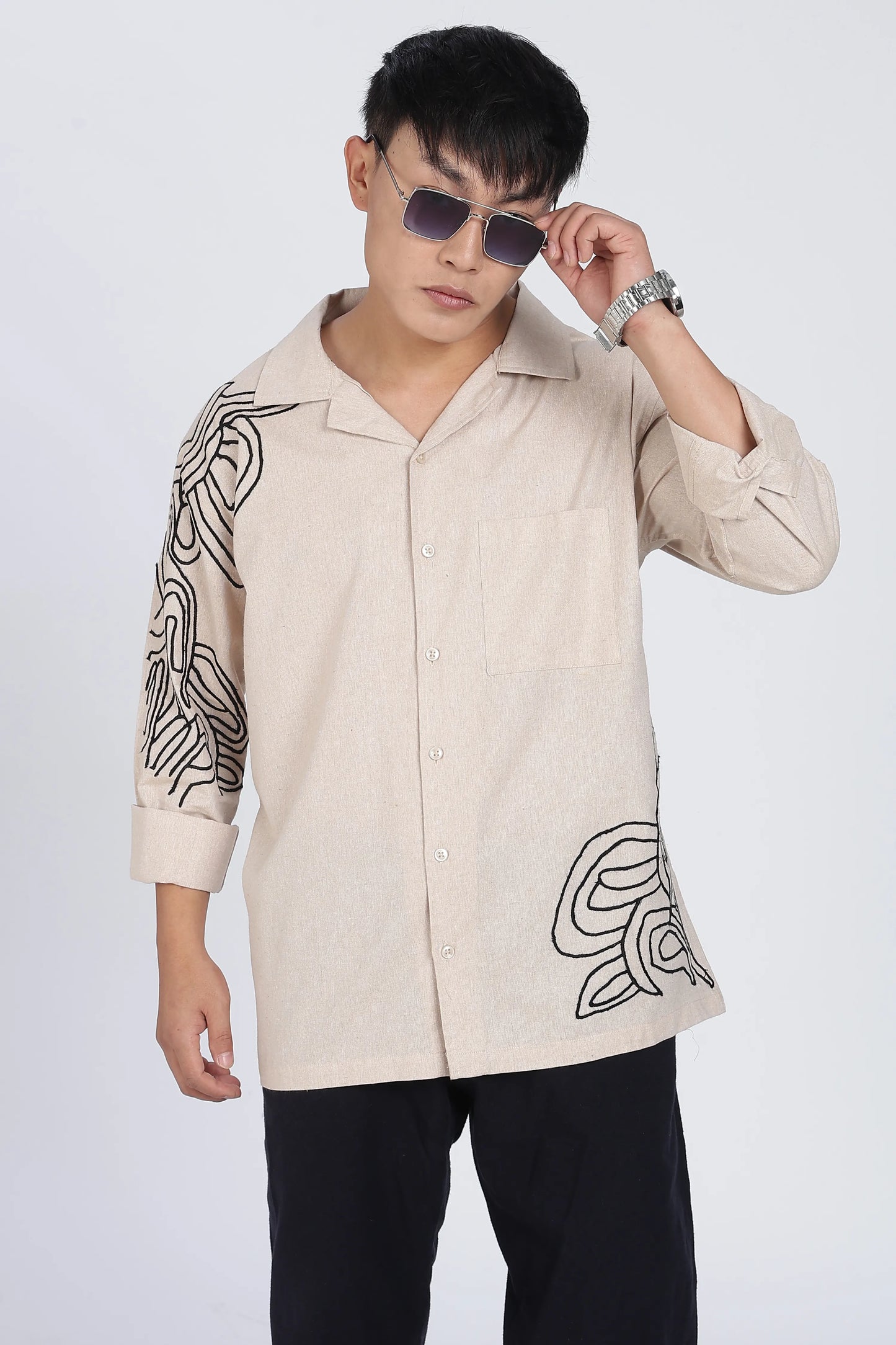 Beige Embroidered Summer cotton Linen Shirt