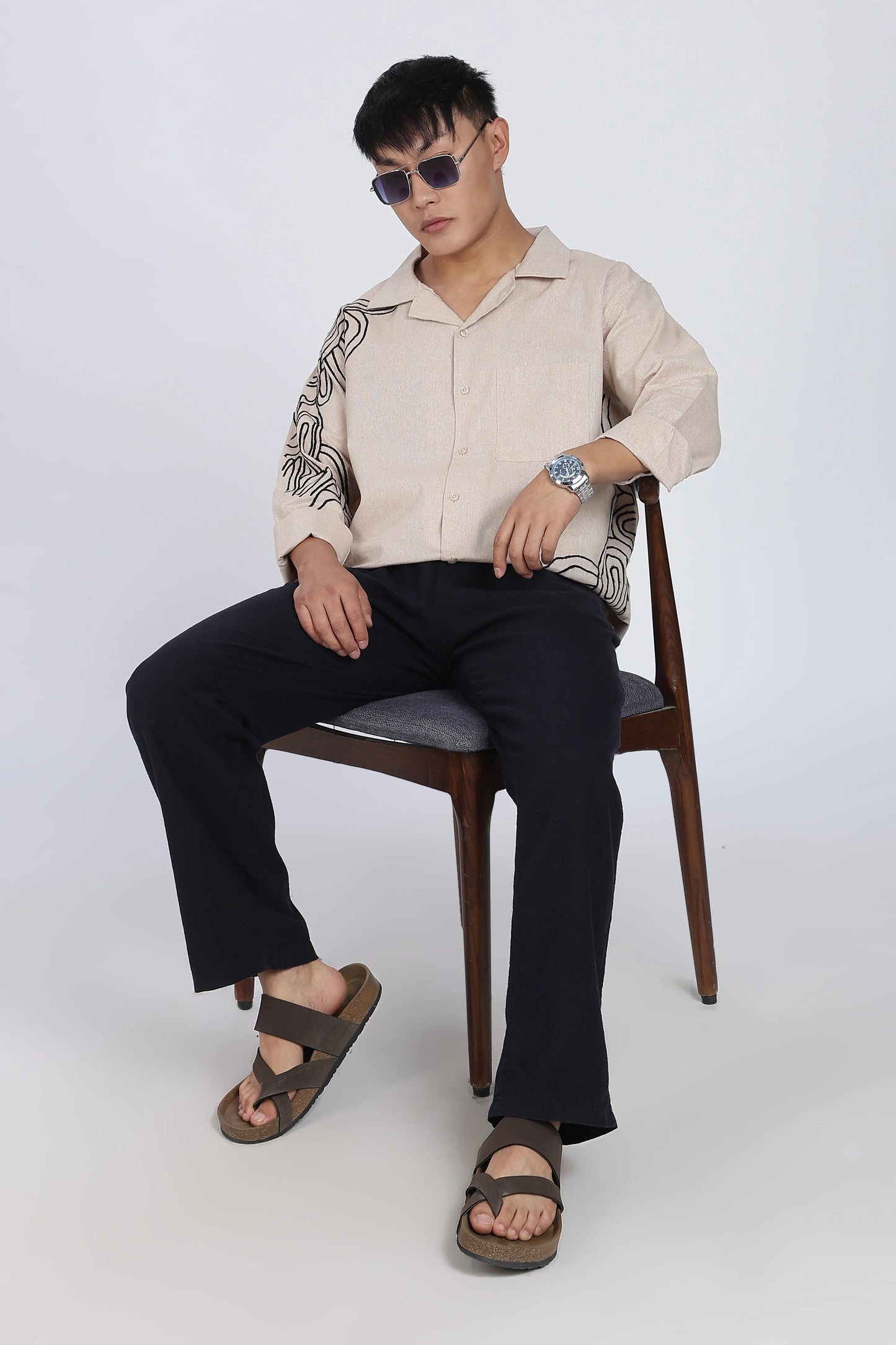 Beige Embroidered Summer cotton Linen Shirt