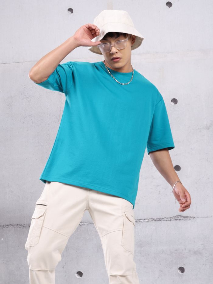Aqua Blue Plain Oversized T-shirt for Men