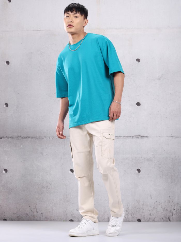 Aqua Blue Plain Oversized T-shirt for Men