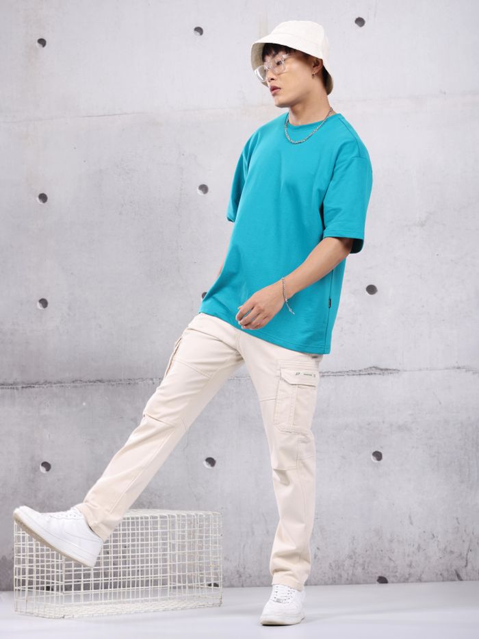 Aqua Blue Plain Oversized T-shirt for Men