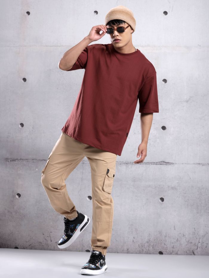 Brick Brown Plain Oversized T-shirt for Men