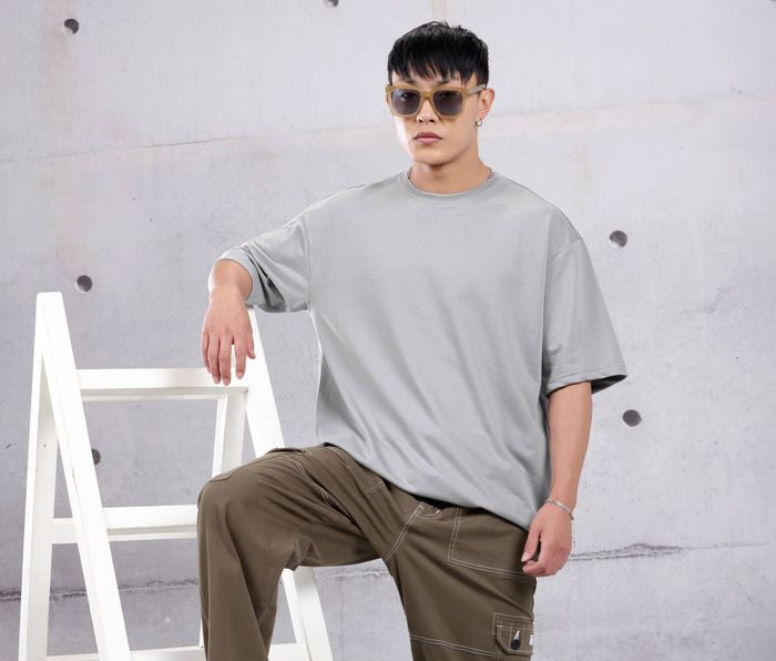 Light Grey Plain Oversized T-shirt for Men